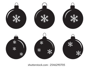 Set of simple black silhouettes of Christmas ornaments isolated on a white background. Concept of minimalist decoration, holiday icons, festive symbols, Christmas design elements. Clip art. Print