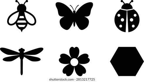 A set of simple black silhouettes depicting various insects a flower and a geometric shape
