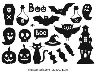 A set of simple black silhouettes of Halloween symbols. Owl, ghost, bat, potion, skull, hat, cat, candy. Simple flat vector decorative elements are isolated on a white background.