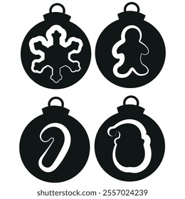 set of simple black silhouettes of New Year's balls with different New Year's icons, namely icons of Santa, snowflakes and candies, for different New Year's decorations