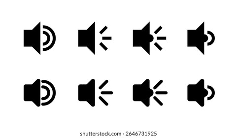 Set of simple black speaker icons showing various sound levels and mute options. Essential for user interfaces, app designs, and multimedia project needing clear audio controls and feedback indicator