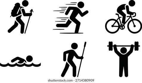 Um conjunto de ícones simples de figura de palitos pretos representando diversas atividades físicas, como caminhadas, corridas, ciclismo, natação e levantamento de peso.