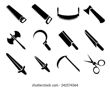 Set of simple black symbol icons. Cutting and sharps for design and decoration sites, infographic and other works. 