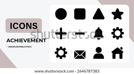 Set of simple, black UI icons isolated on white. Includes shapes, notification, settings, and user icons.  Perfect for web or app design. Vector, editable.