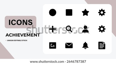 Set of simple, black UI icons isolated on white. Includes shapes, notification, settings, and user icons.  Perfect for web or app design. Vector, editable.
