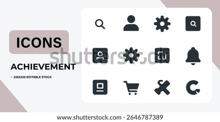 Set of simple, black UI icons isolated on white. Includes shapes, notification, settings, and user icons.  Perfect for web or app design. Vector, editable.