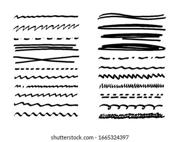 Set Of Simple Black Underline Lines With Pen, Pencil, Marker. Doodle Letters. Handwriting Of Different Lines Dotted Wavy. Scribble. Vector Illustration