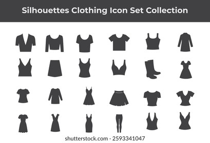 A set of simple black various women's clothing items, including tops, dresses, skirts, and pants silhouette design icons vector logo illustration isolated on white background