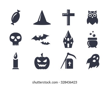 Set of simple black vector icons isolated on white background for Halloween party decoration. Cross, skull, bats and grave signs for design. Owl, ghost, pumpkin, castle and cauldron symbols