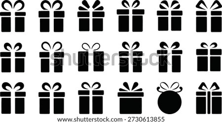 A set of simple black vector icons featuring different shapes of wrapped present boxes with elegant bows, suitable for festive occasions.
