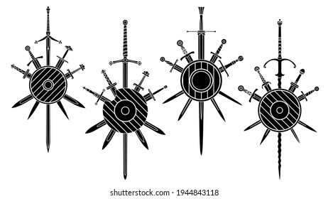 Set of simple black vector images of five crossed swords with medieval two-handed sword in center covered with shield.