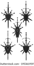 Conjunto de simples imágenes vectoriales negras de cinco espadas cruzadas con una espada medieval de dos manos en el centro cubierta con el escudo.