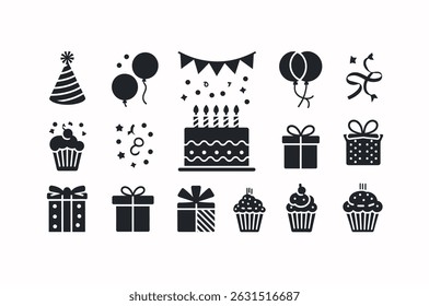 Conjunto de ícones simples de aniversário em preto e branco