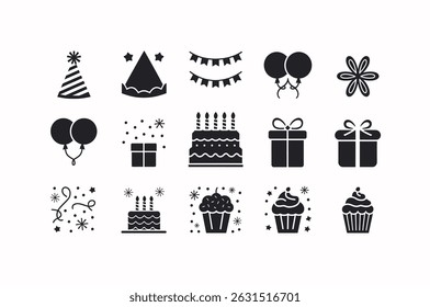 Set of Simple Black and White Birthday Icons