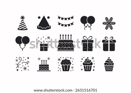 Set of Simple Black and White Birthday Icons