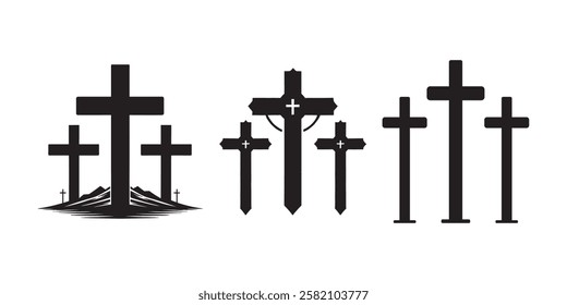 Set of Simple Black and White Christian Crosses