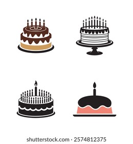 Set of simple, black and white, coloured birthday cake icons are perfect for representing celebrations.