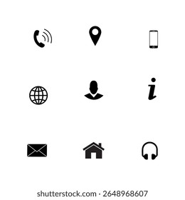Conjunto de iconos simples de información de contacto en blanco y negro que representan conexiones de teléfono, Locación, correo electrónico, Sitio web y redes sociales