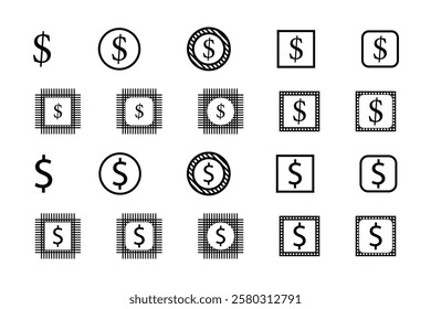 Set of Simple Black and White Dollar Sign Icons with Different Shapes.