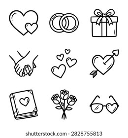 A set of simple black and white doodle icons representing love and marriage symbols.