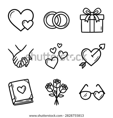 A set of simple black and white doodle icons representing love and marriage symbols.