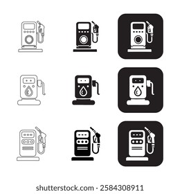 Set of Simple Black and White Gas Pump Icons. flat, outline, and minimalist vector icons on a white background.
