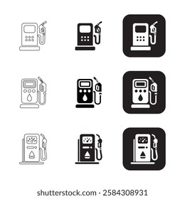 Set of Simple Black and White Gas Pump Icons. flat, outline, and minimalist vector icons on a white background.
