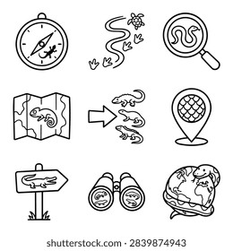 A set of simple black and white hand drawn icons depicting reptiles and exploration tools.