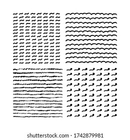 Conjunto de simples patrones dibujados a mano en blanco y negro. Olas, guiones, líneas, curvas. Elementos sencillos de diseño y decoración. Ilustración vectorial EPS-10.