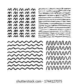 Set of simple black and white hand-drawn patterns. Waves, dashes, lines, curlicues. Simple elements for design and decoration. EPS-10 vector illustration.