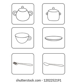 A set of simple black and white icons of tableware templates.