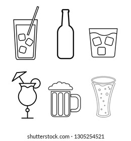 A set of simple black and white icons of alcoholic beverages for a bar, cafe: cocktails, glasses, beer, bottles, whiskey on a white background. Vector illustration.