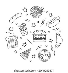 Set of Simple black and white icons fast food. Hamburger, hot dog, French fries, pizza, croissant. Street food logo for menus, banners, packaging. Fast street food concept. Vector illustration
