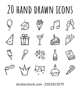 Set of simple black and white icons related to holidays, party, event, birthday. Vector signs and symbols for website design, application, decoration
