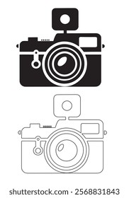 A set of simple, black and white icons depicting various camera and lens designs, in both solid and outline styles. Collection of Black and White Camera and Lens Icon bundle.