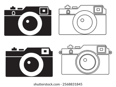 A set of simple, black and white icons depicting various camera and lens designs, in both solid and outline styles. Collection of Black and White Camera and Lens Icon bundle.