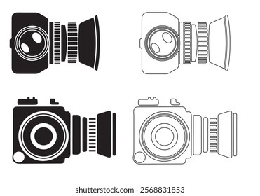 A set of simple, black and white icons depicting various camera and lens designs, in both solid and outline styles. Collection of Black and White Camera and Lens Icon bundle.