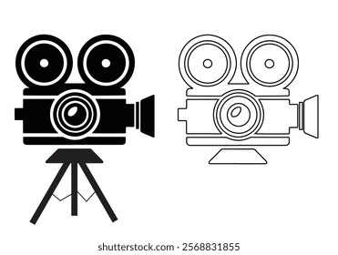 A set of simple, black and white icons depicting various camera and lens designs, in both solid and outline styles. Collection of Black and White Camera and Lens Icon bundle.