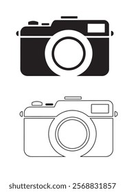 A set of simple, black and white icons depicting various camera and lens designs, in both solid and outline styles. Collection of Black and White Camera and Lens Icon bundle.