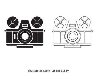 A set of simple, black and white icons depicting various camera and lens designs, in both solid and outline styles. Collection of Black and White Camera and Lens Icon bundle.