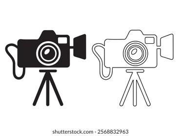 A set of simple, black and white icons depicting various camera and lens designs, in both solid and outline styles. Collection of Black and White Camera and Lens Icon bundle.