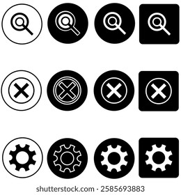 Set of Simple Black and White Icons Including Search, Cross, and Gear