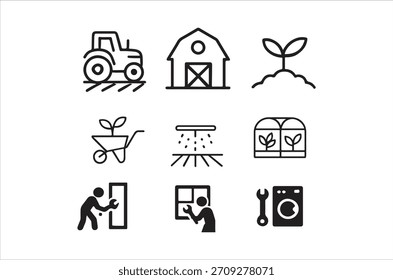 Un conjunto de iconos simples, en blanco y negro que representan varios aspectos de la agricultura.