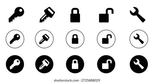 A set of simple black and white icons featuring keys, padlocks (locked and unlocked), and wrenches, presented in solid, outlined, and inverted circle formats.