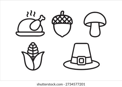 A set of simple black and white icons representing traditional Thanksgiving symbols.