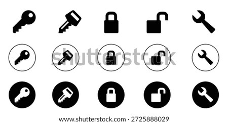 A set of simple black and white icons featuring keys, padlocks (locked and unlocked), and wrenches, presented in solid, outlined, and inverted circle formats.