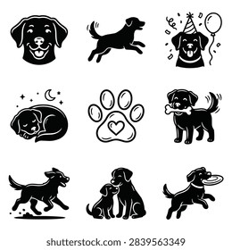 A set of simple black and white illustrations depicting dogs in various poses and activities, including a portrait, running, sleeping, and playing.