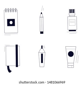 set of simple black and white line isolated icons on white background, school, education and office theme, pencil, marker, notebook, sketchbook, paint tube, glue tube 
