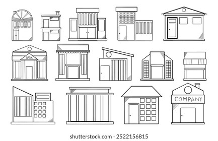 Um conjunto de desenhos de linhas simples, pretas e brancas de várias fachadas de edifícios, incluindo lojas, escritórios e um banco.