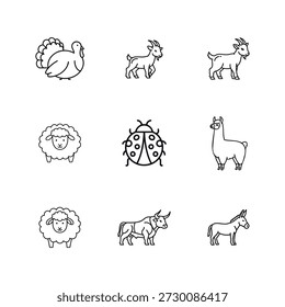 A set of simple black and white line art icons depicting various farm animals including a turkey, horse, sheep, ladybug, llama, and pig.